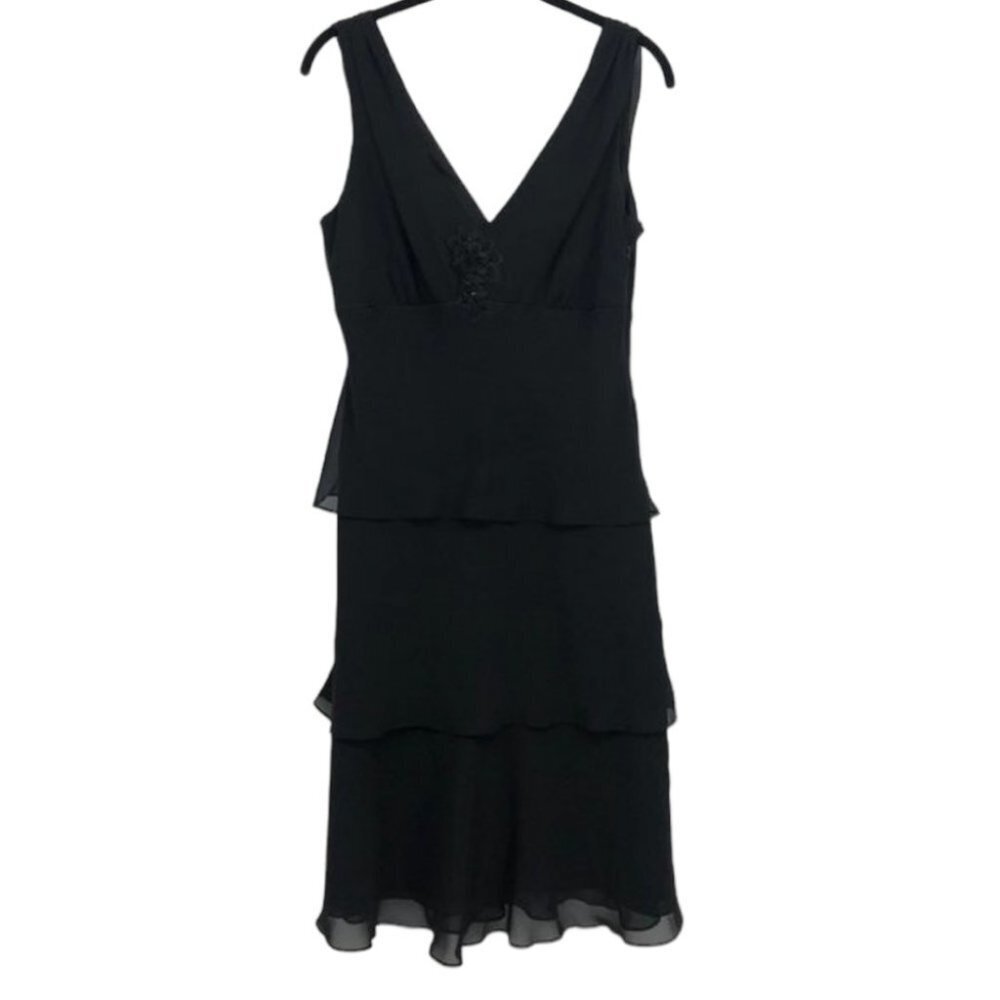 Lori Ann Montreal Vintage Black sleeveless tiered midi  dress sequin broach 8